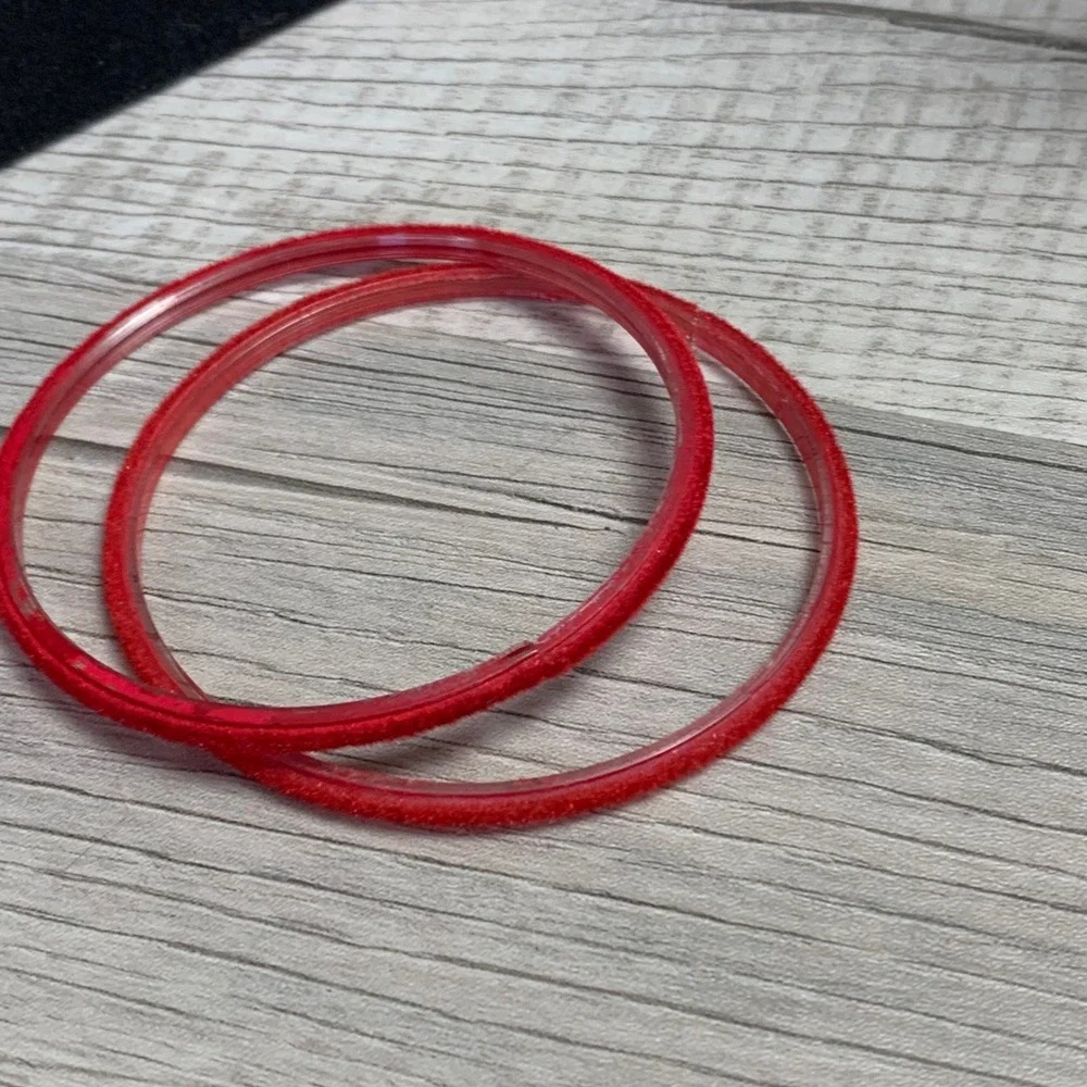 Red Flocked Velvet Bangle Bracelet Set 2 Piece Stackable Acrylic 8 Inch